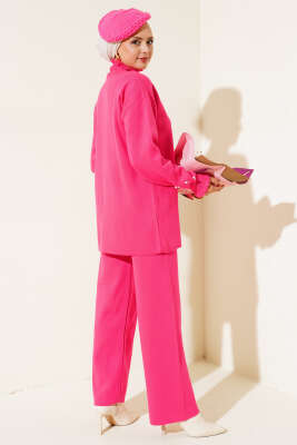 Taşlı Yaka Fırfırlı Triko İkili Takım Fuşya - Triko İkili Takım