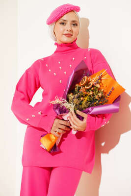 Taşlı Yaka Fırfırlı Triko İkili Takım Fuşya - Triko İkili Takım