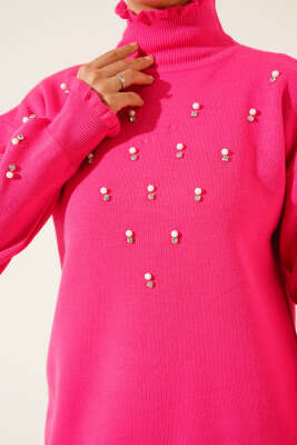 Taşlı Yaka Fırfırlı Triko İkili Takım Fuşya - Triko İkili Takım