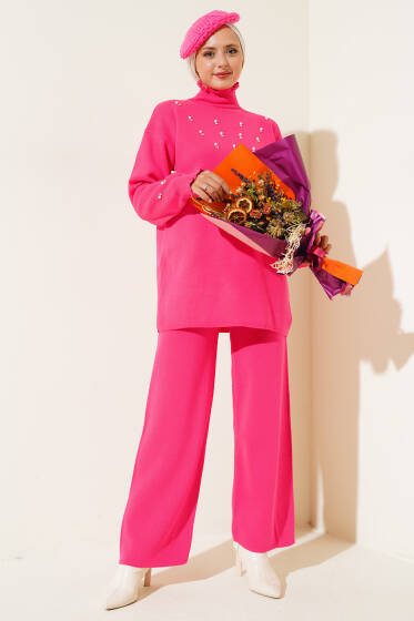 Taşlı Yaka Fırfırlı Triko İkili Takım Fuşya - Triko