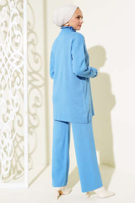 Taşlı Yaka Fırfırlı Triko İkili Takım İndigo - Triko İkili Takım