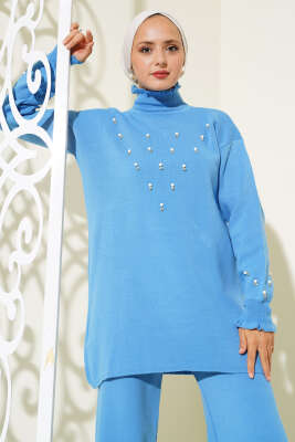 Taşlı Yaka Fırfırlı Triko İkili Takım İndigo - Triko İkili Takım