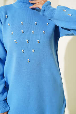 Taşlı Yaka Fırfırlı Triko İkili Takım İndigo - Triko İkili Takım