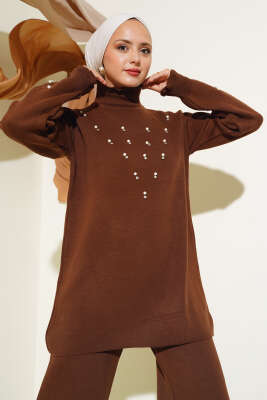 Taşlı Yaka Fırfırlı Triko İkili Takım Kahve - Triko İkili Takım