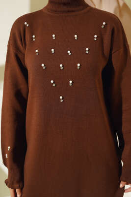 Taşlı Yaka Fırfırlı Triko İkili Takım Kahve - Triko İkili Takım