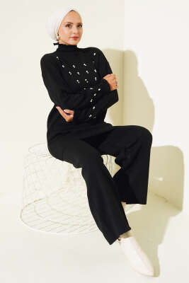 Taşlı Yaka Fırfırlı Triko İkili Takım Siyah - Triko İkili Takım