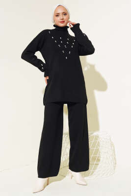Taşlı Yaka Fırfırlı Triko İkili Takım Siyah - Triko İkili Takım