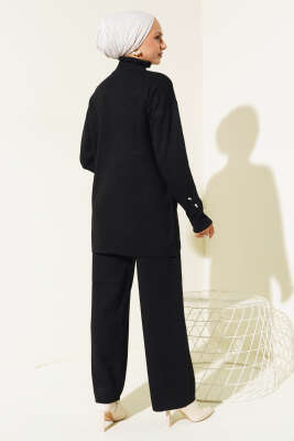 Taşlı Yaka Fırfırlı Triko İkili Takım Siyah - Triko İkili Takım