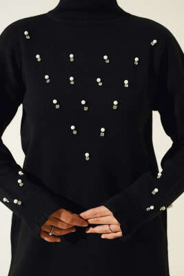 Taşlı Yaka Fırfırlı Triko İkili Takım Siyah - Triko İkili Takım