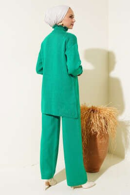 Taşlı Yaka Fırfırlı Triko İkili Takım Zümrüt - Triko İkili Takım