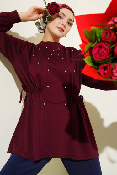 Taşlı Yan Bağlamalı Loyşa Tunik Bordo - Tunik