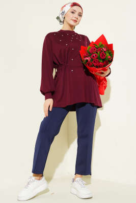 Taşlı Yan Bağlamalı Loyşa Tunik Bordo - Tunik