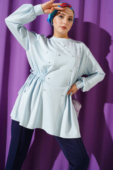 Taşlı Yan Bağlamalı Loyşa Tunik Buz Mavisi - Tunik