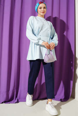 Taşlı Yan Bağlamalı Loyşa Tunik Buz Mavisi - Tunik