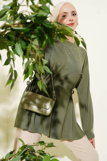 Taşlı Yan Bağlamalı Loyşa Tunik Haki - Tunik