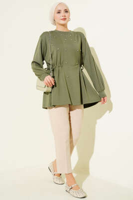 Taşlı Yan Bağlamalı Loyşa Tunik Haki - Tunik