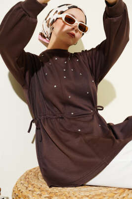 Taşlı Yan Bağlamalı Loyşa Tunik Kahve - DESTİNA