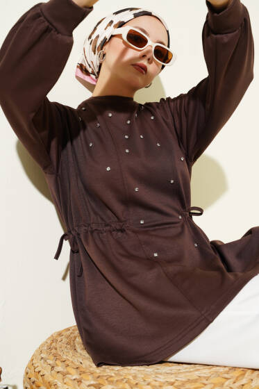 Taşlı Yan Bağlamalı Loyşa Tunik Kahve - Tunik