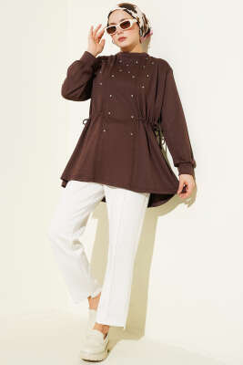 Taşlı Yan Bağlamalı Loyşa Tunik Kahve - Tunik