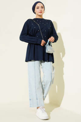 Taşlı Yan Bağlamalı Loyşa Tunik Lacivert - Tunik