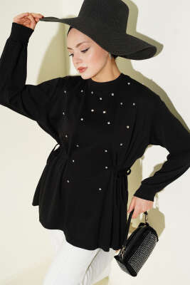 Taşlı Yan Bağlamalı Loyşa Tunik Siyah - DESTİNA