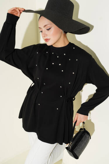 Taşlı Yan Bağlamalı Loyşa Tunik Siyah - Tunik