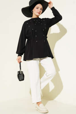 Taşlı Yan Bağlamalı Loyşa Tunik Siyah - Tunik