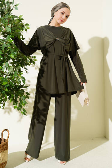 Taşlı Yan Yırtmaçlı İkili Takım Haki - İkili Takım