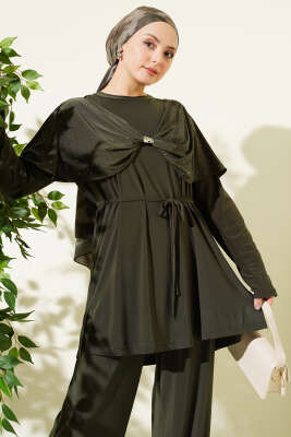 Taşlı Yan Yırtmaçlı İkili Takım Haki - İkili Takım