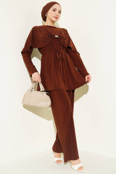 Taşlı Yan Yırtmaçlı İkili Takım Kahve - İkili Takım