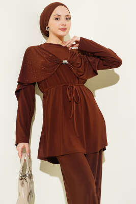 Taşlı Yan Yırtmaçlı İkili Takım Kahve - İkili Takım