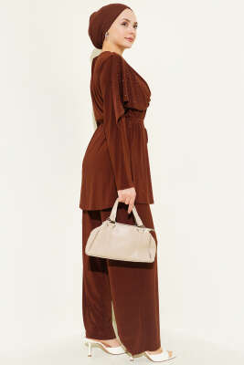 Taşlı Yan Yırtmaçlı İkili Takım Kahve - İkili Takım