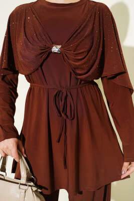 Taşlı Yan Yırtmaçlı İkili Takım Kahve - İkili Takım