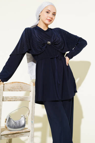 Taşlı Yan Yırtmaçlı İkili Takım Lacivert - İkili Takım