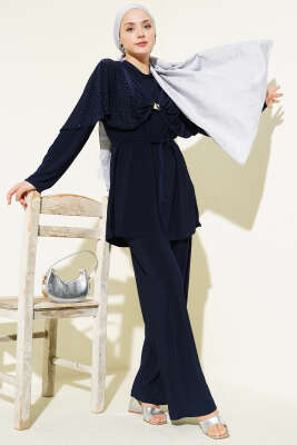 Taşlı Yan Yırtmaçlı İkili Takım Lacivert - İkili Takım