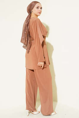 Taşlı Yan Yırtmaçlı İkili Takım Latte - İkili Takım