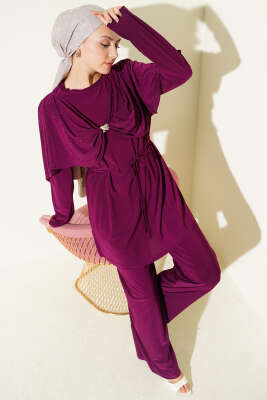 Taşlı Yan Yırtmaçlı İkili Takım Mürdüm - HBS