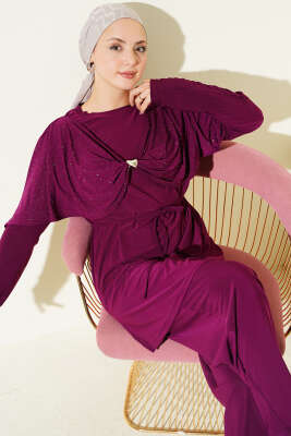 Taşlı Yan Yırtmaçlı İkili Takım Mürdüm - İkili Takım