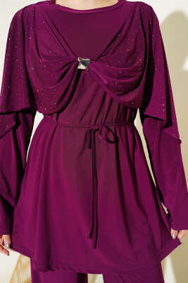 Taşlı Yan Yırtmaçlı İkili Takım Mürdüm - İkili Takım