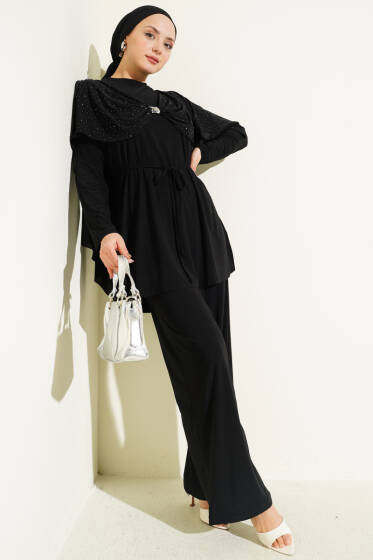 Taşlı Yan Yırtmaçlı İkili Takım Siyah - İkili Takım