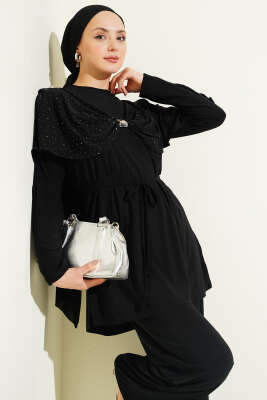 Taşlı Yan Yırtmaçlı İkili Takım Siyah - İkili Takım