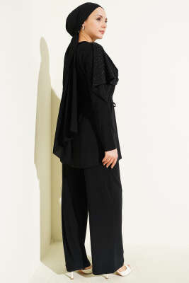 Taşlı Yan Yırtmaçlı İkili Takım Siyah - İkili Takım