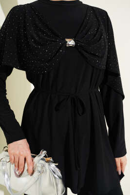 Taşlı Yan Yırtmaçlı İkili Takım Siyah - İkili Takım