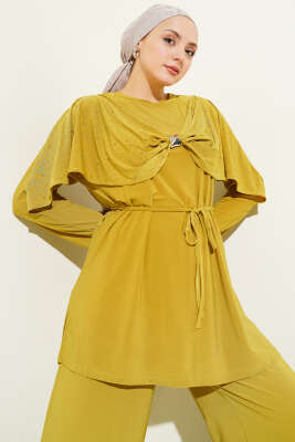 Taşlı Yan Yırtmaçlı İkili Takım Yağ Yeşili - HBS