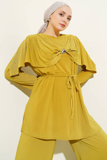 Taşlı Yan Yırtmaçlı İkili Takım Yağ Yeşili - İkili Takım