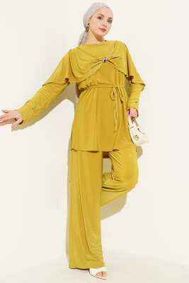 Taşlı Yan Yırtmaçlı İkili Takım Yağ Yeşili - İkili Takım