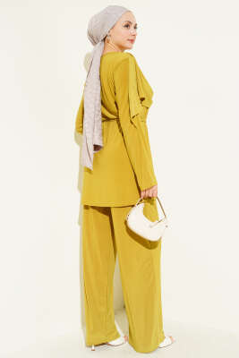 Taşlı Yan Yırtmaçlı İkili Takım Yağ Yeşili - İkili Takım