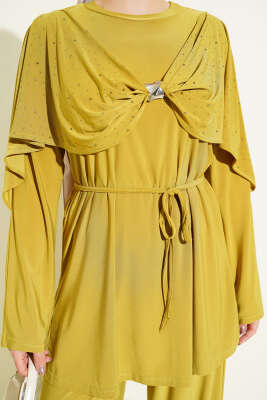 Taşlı Yan Yırtmaçlı İkili Takım Yağ Yeşili - İkili Takım