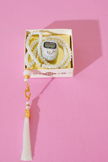 Taşlı Zikirmatik ve İnci Tesbih Seti Beyaz - TESBİH&ZİKİRMATİK