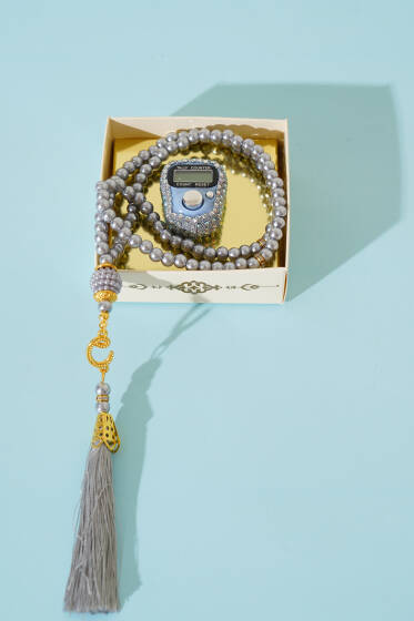 Taşlı Zikirmatik ve İnci Tesbih Seti Gri - TESBİH&ZİKİRMATİK